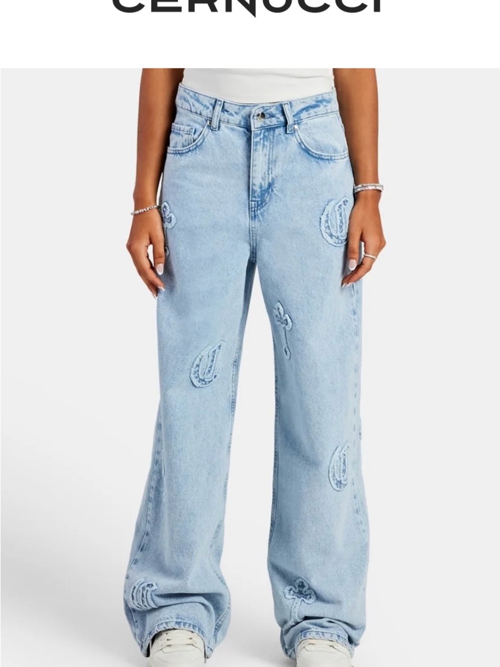 Cernucci Light Blue Wide-Leg Embroidered Jeans